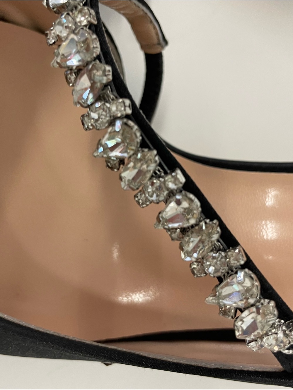 ERIJUNOR Black Pointed Satin Pumps with Crystal Strap - Picture 6 of 9